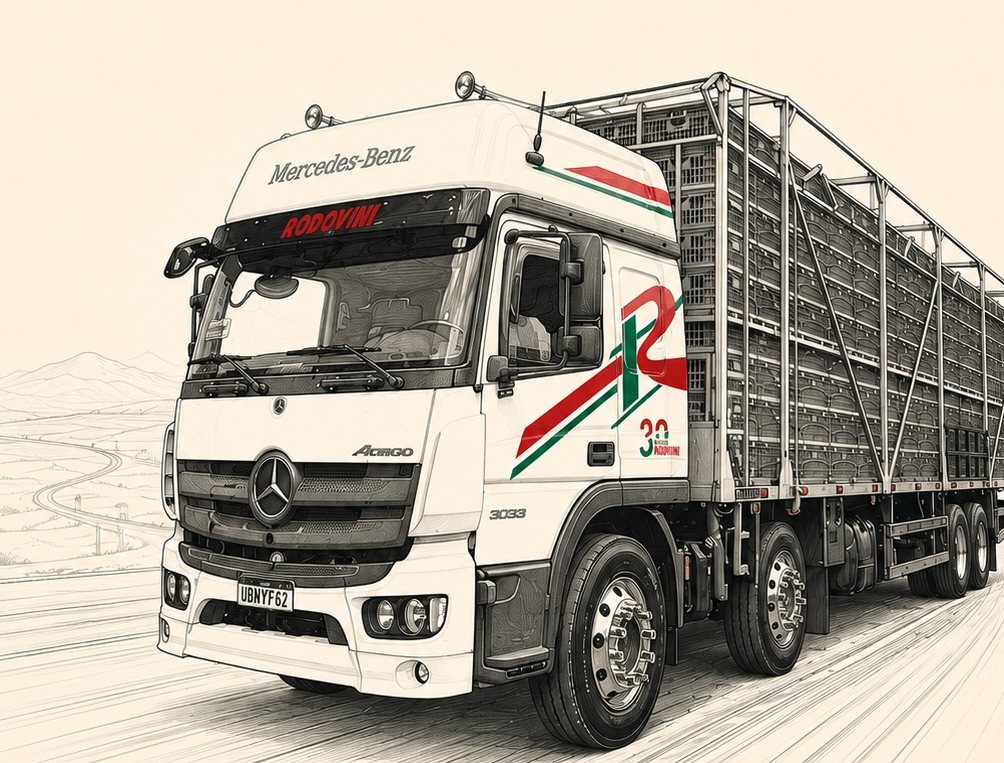 Ilustração de um caminhão Mercedes-Benz da Rodovini com carroceria para aves